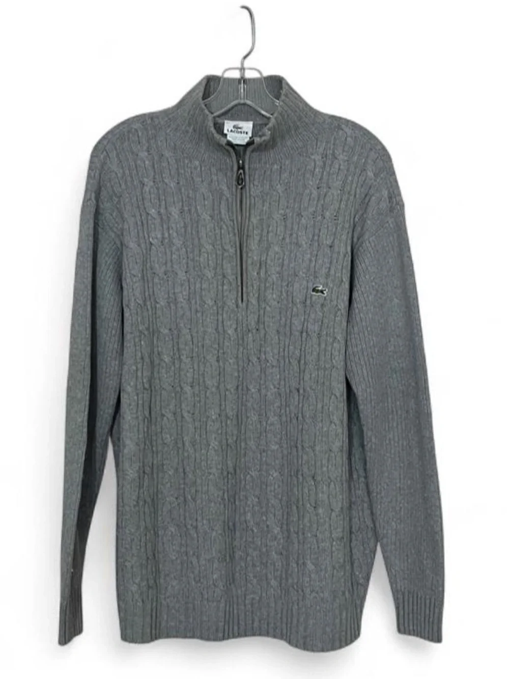 Lacoste Men’s Preppy Gray Cable Knit Quarter-Zip Tennis Sweater With Croc Logo